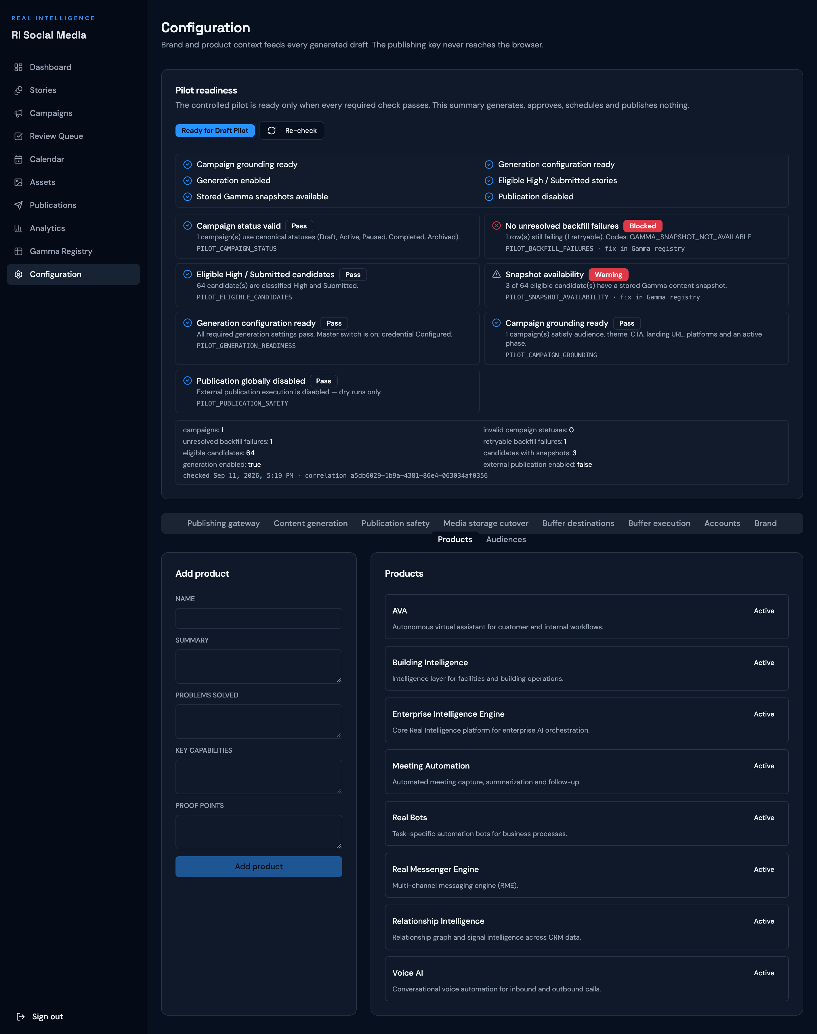 Product configuration in RI Social Media, showing the add-product form and the list of configured products
