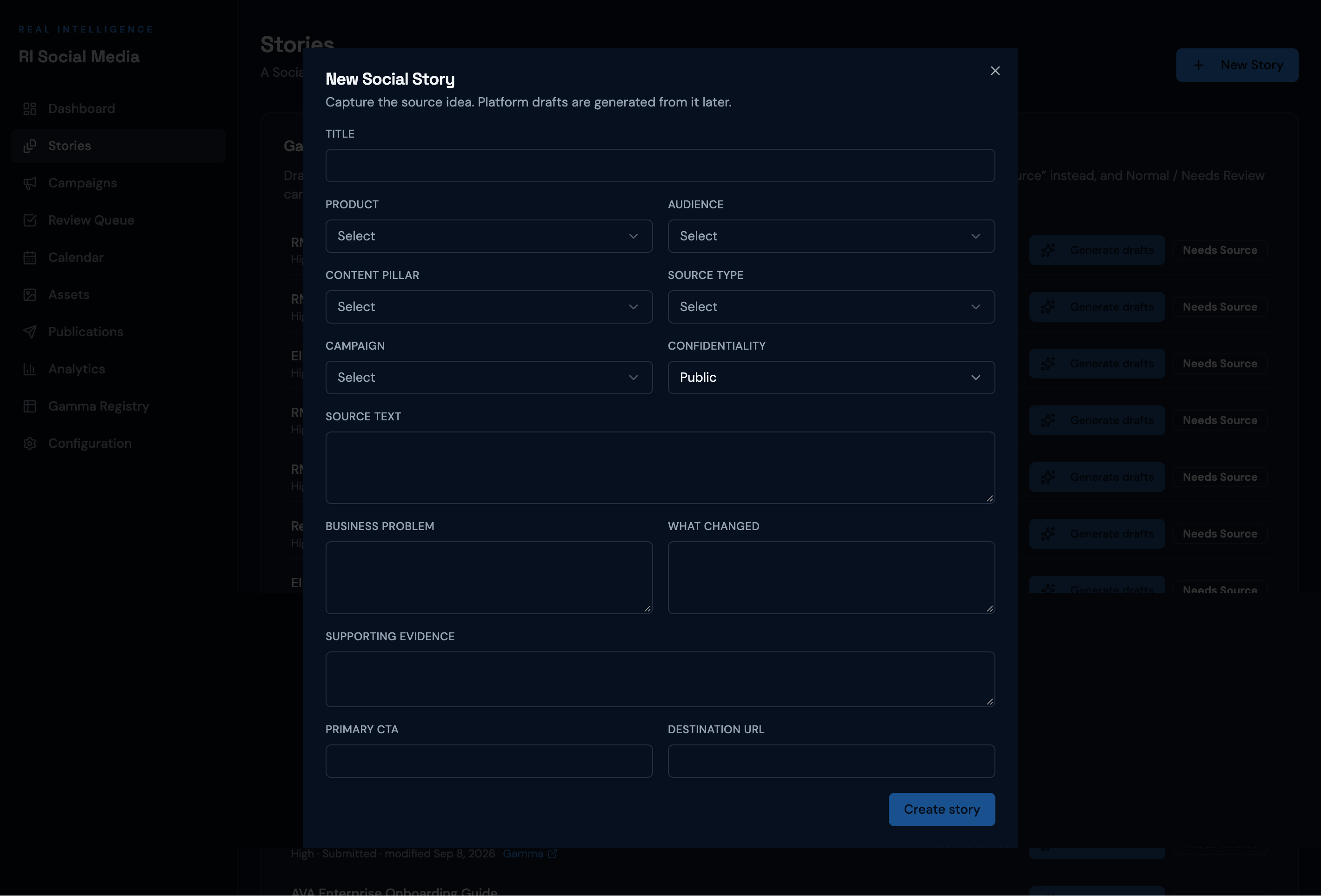 New story form showing source, campaign assignment, priority, and editorial angle fields