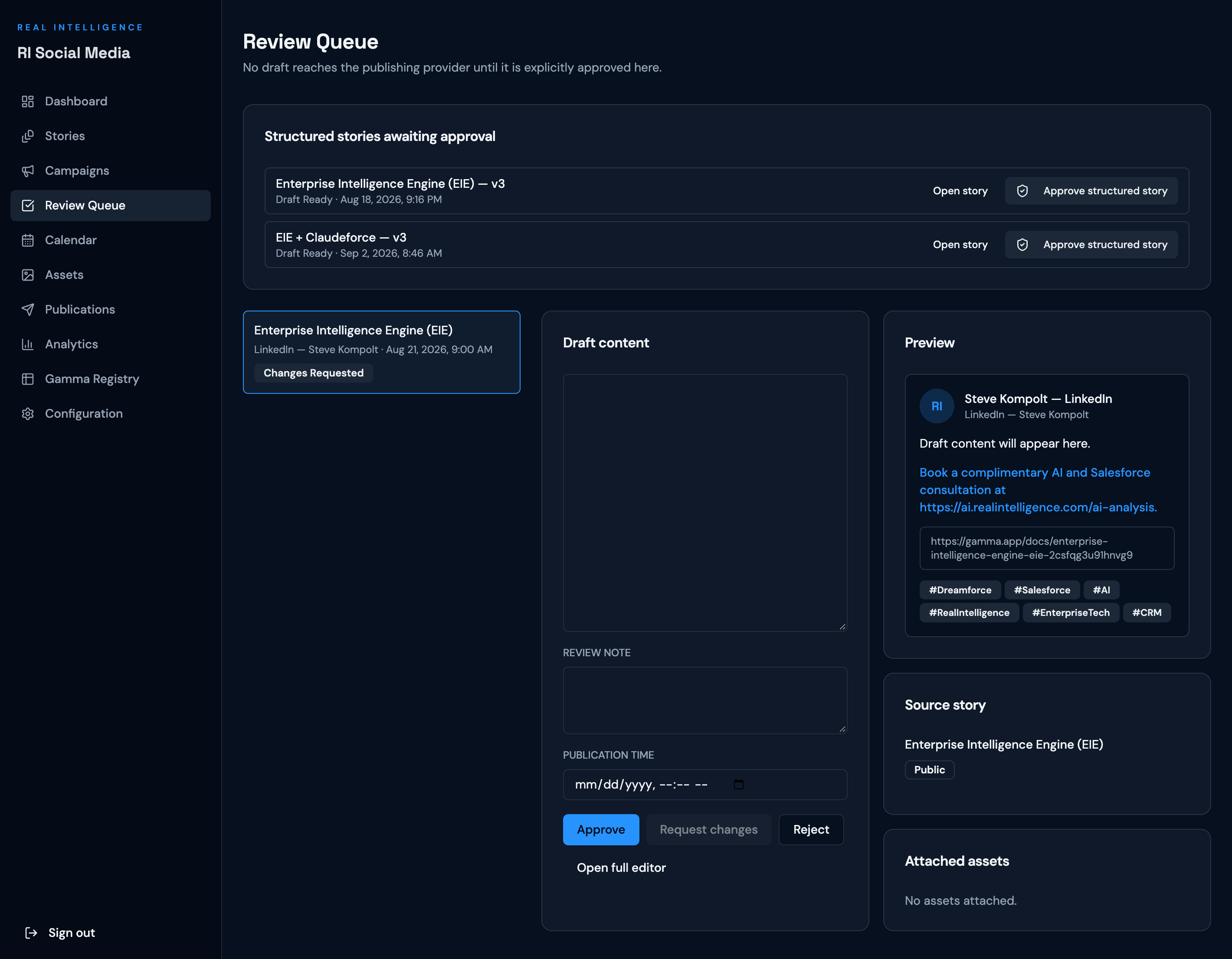 Review queue in RI Social Media showing drafts awaiting review with channel copy, product, audience, and approval controls