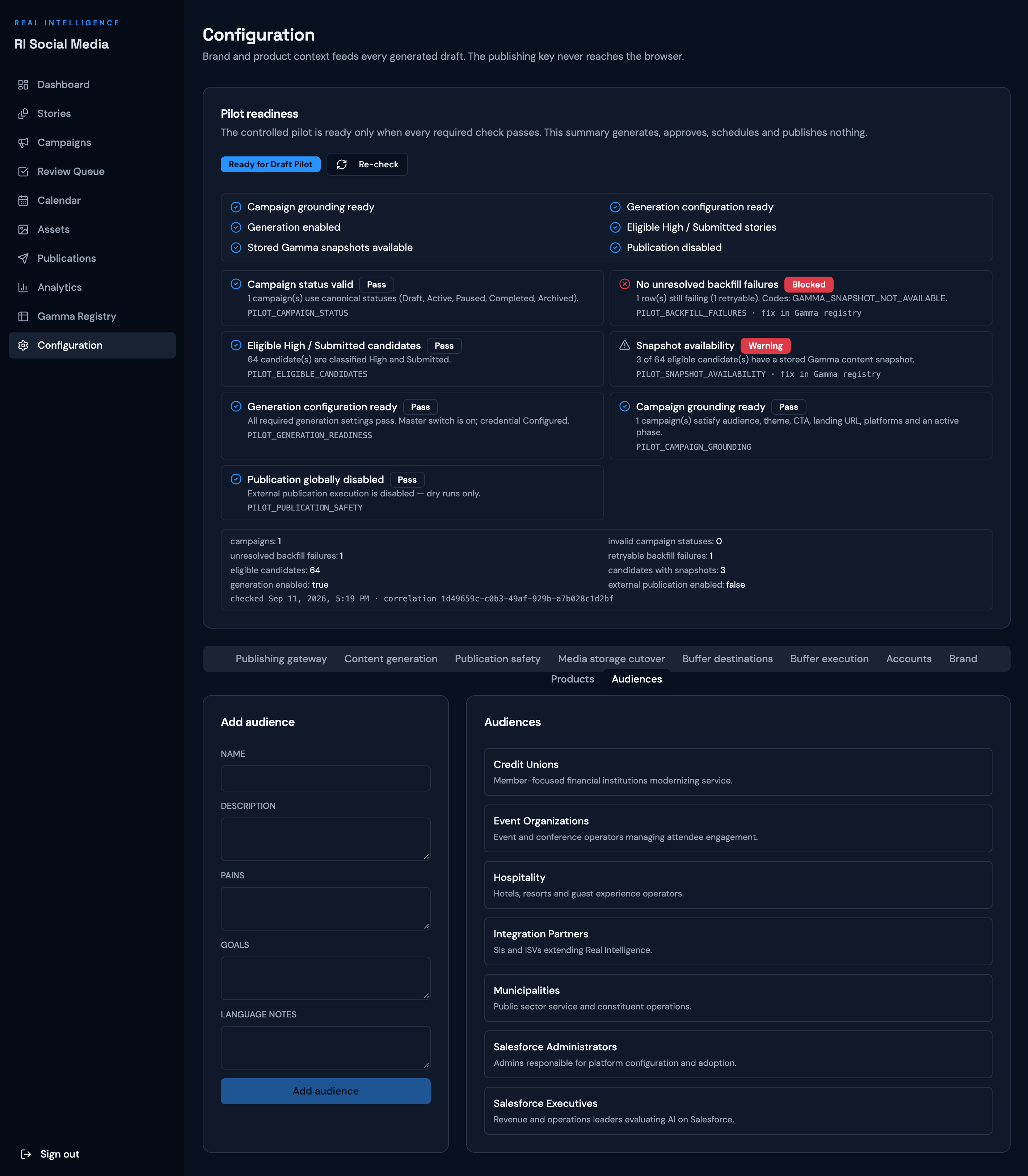 Audience configuration in RI Social Media, showing the add-audience form and configured audience segments