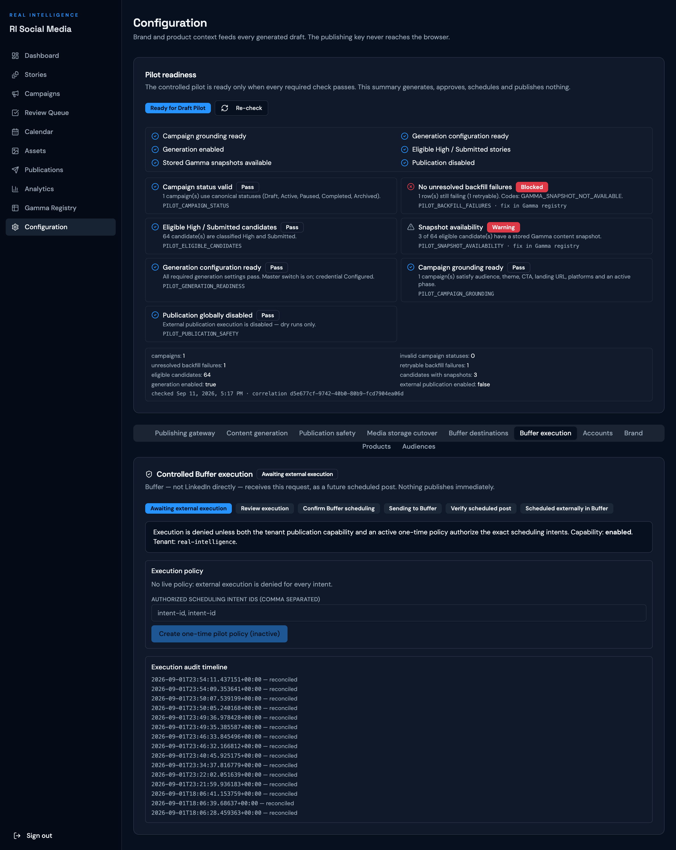 Buffer execution log showing outbound requests, results, and returned identifiers