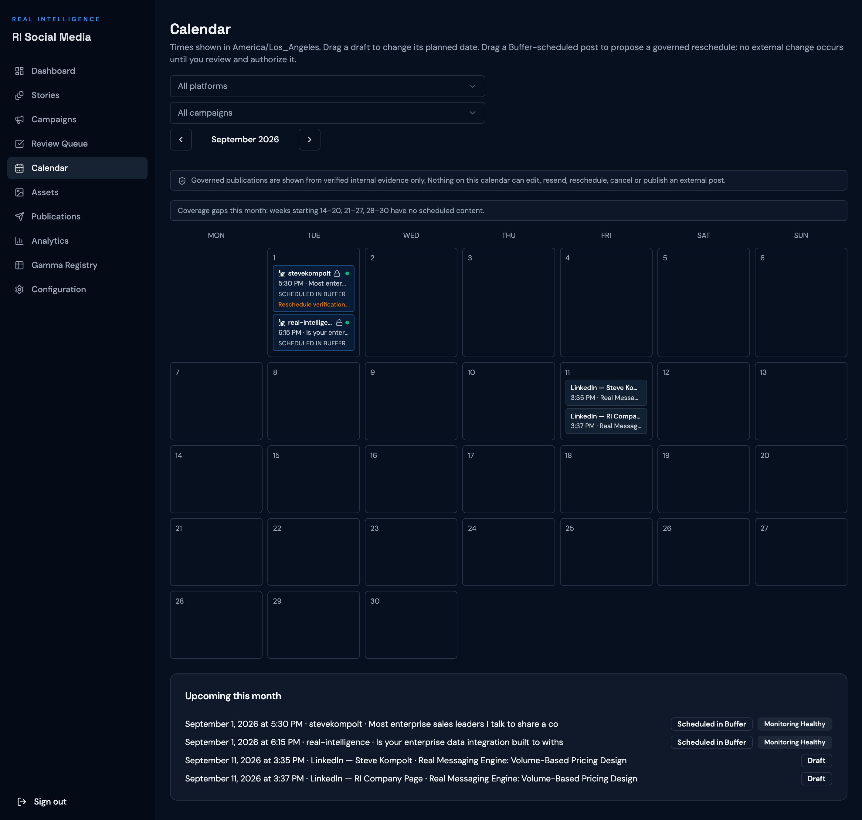 Calendar view in RI Social Media showing scheduled posts by date, destination, and status