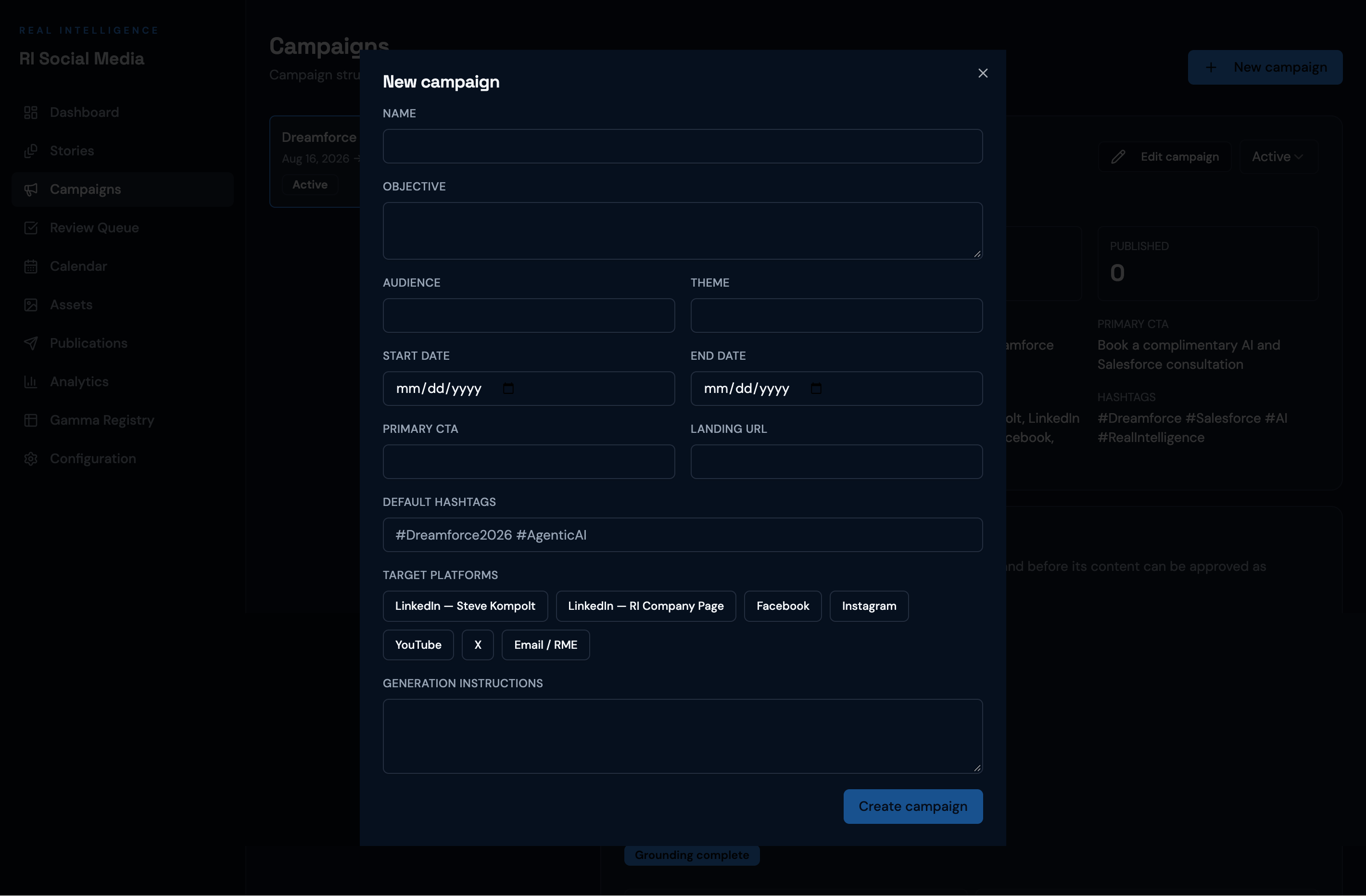 New campaign form showing objective, audience, theme, call to action, landing URL, platform selection, and date range