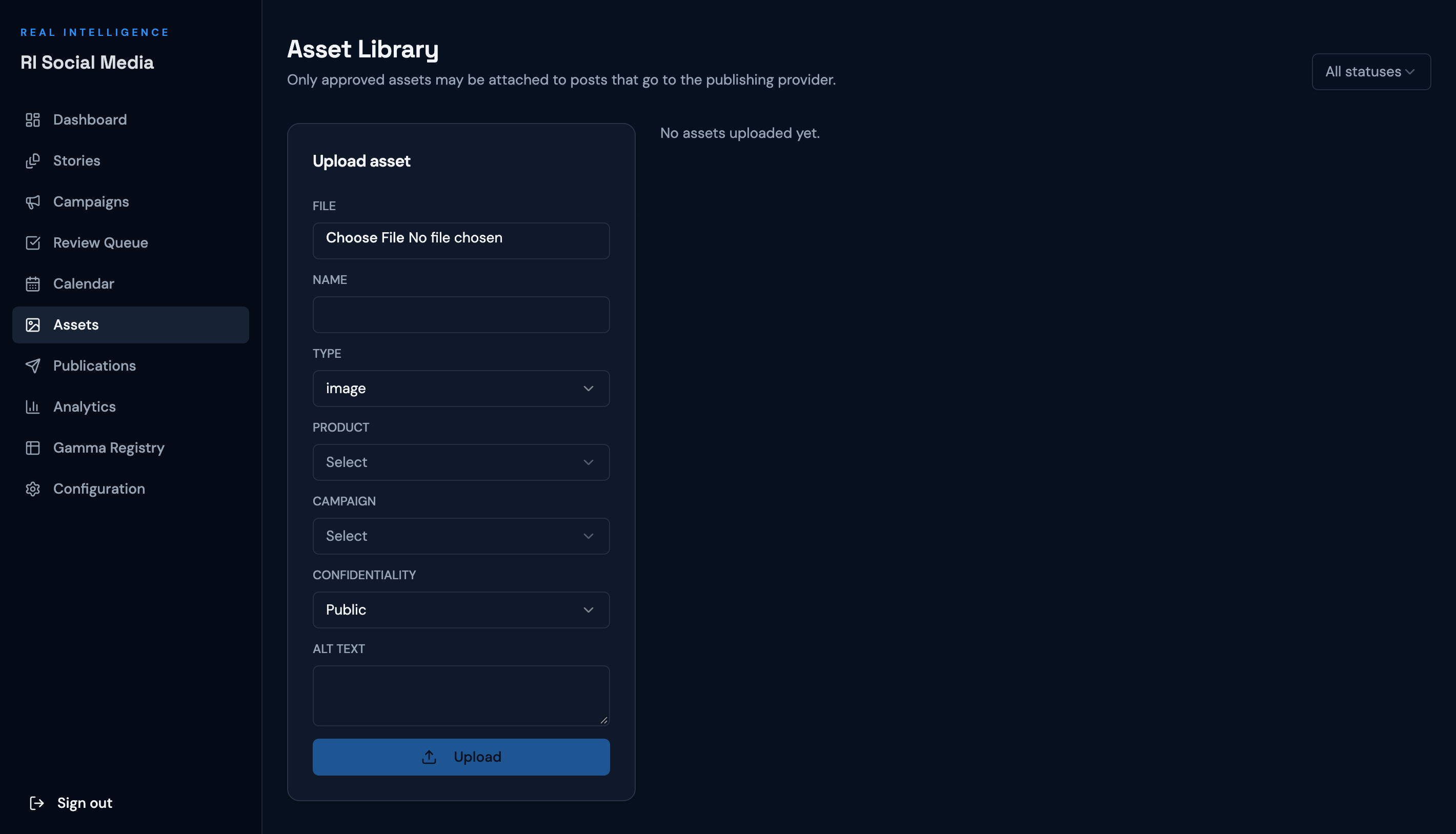 Asset library in RI Social Media showing stored media, generated images, and approval state