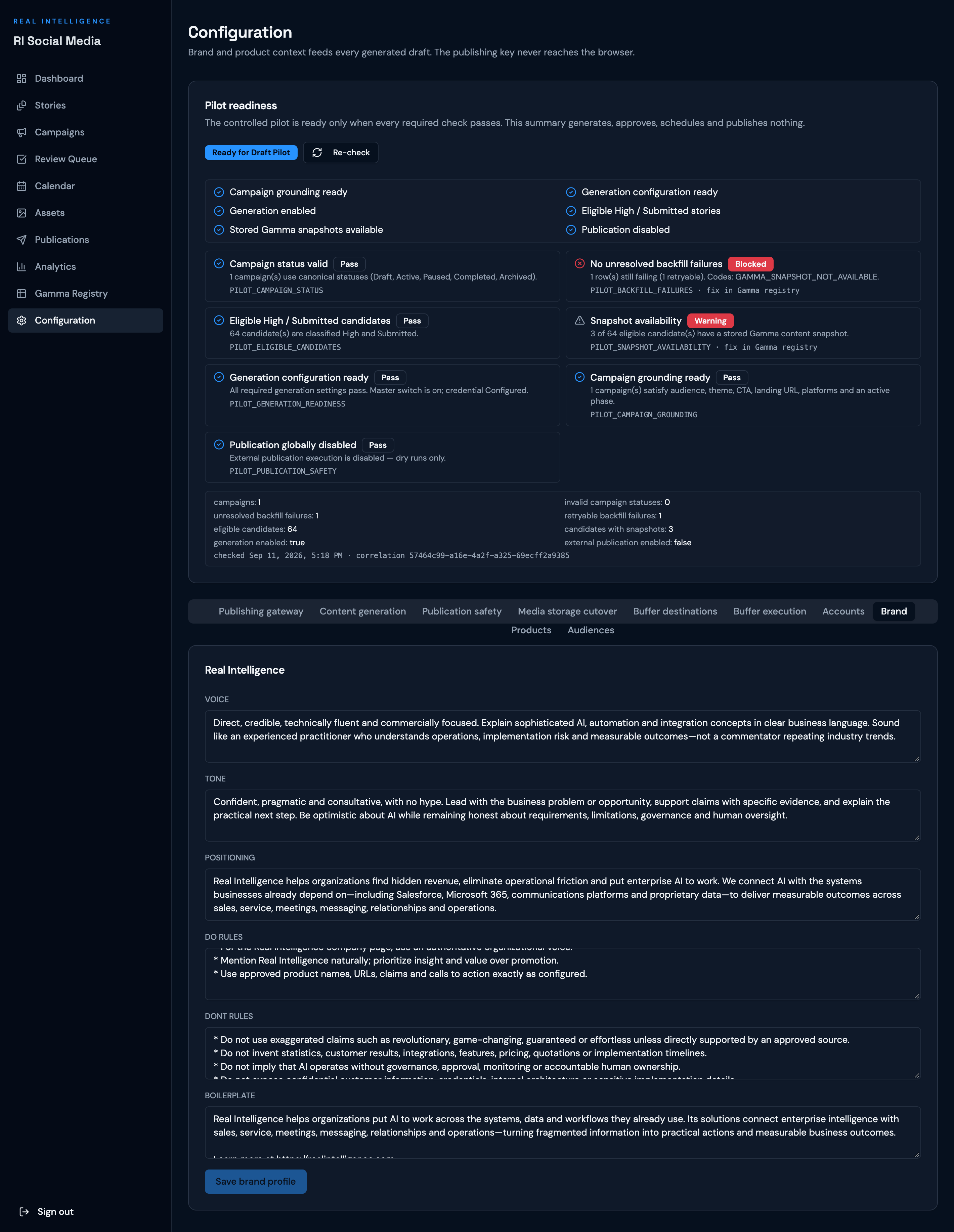 Brand configuration in RI Social Media, showing voice, tone, positioning, do rules, don't rules, and boilerplate fields